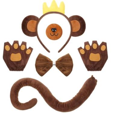 Imagem de Maiteenly Conjunto de 5 peças de fantasia de macaco para adultos, mulheres, homens, faixa de cabeça, nariz, luva, laço de pata, animal, acessórios de Halloween (faixa de cabelo de coroa, marrom escuro