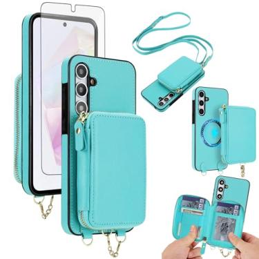 Imagem de Capa de celular para Samsung Galaxy A15 5G/4G carteira com zíper e protetor de tela, alça transversal 2 em 1 magnético destacável MagSafe bloqueio RFID Flip A 15 G5 15A feminino masculino verde