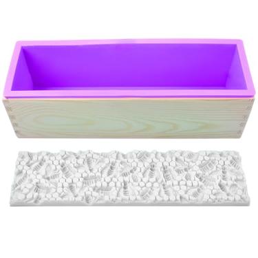 Imagem de Kit de fabricação de sabão de pão, revestimento de silicone de 1,247 g, caixa de madeira com colmeia e hexágono e tapete de rosa, molde criativo de favo de mel para fazer sabão DIY (roxo e rosa