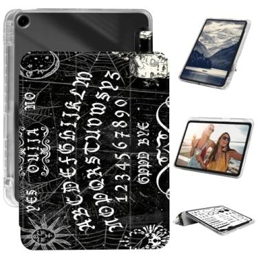 Imagem de Capa para iPad 9ª/8ª/7ª geração, 10,2 polegadas, 2021/2020/2019, porta-lápis embutido, suporte fino com três dobras, capa traseira transparente + capa antiqueda de couro PU durável, placa Ouija preta