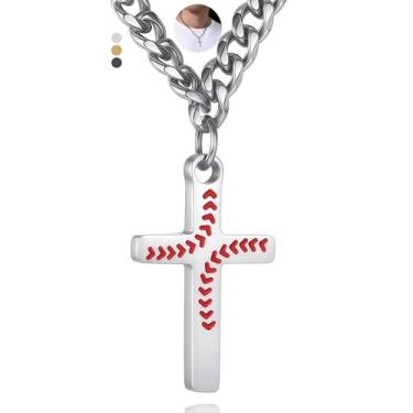 Imagem de NUKAYAI Colar de cruz de beisebol masculino 40,6 cm/45,7 cm/50,8 cm corrente de elos cubanos resistente/prata/ouro/preto pingente de cruz acessórios de gotejamento de beisebol colar de Páscoa Natal