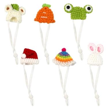 Imagem de Koceci 6 peças de chapéus de hamster, mini chapéus de festa para animais de pelúcia, chapéu de porquinho da índia tricotado à mão com alça ajustável, chapéu pequeno para coelho, cobra, galinha