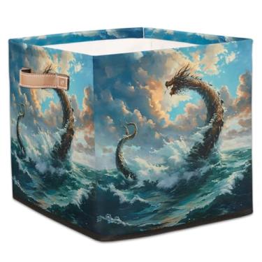 Imagem de hongjinglin Cestos dobráveis de armazenamento de cubo animal dragão oceano caixas dobráveis legais brinquedo infantil com alças organizador de armazenamento de tecido cesto para berçário, sala de
