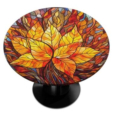 Imagem de hongjinglin Toalha de mesa redonda com borda elástica folhas de vidro para outono toalha de mesa redonda limpa para decoração de cozinha de 114 a 127 cm