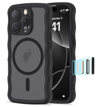 Imagem de BTBTCASE Capa compatível com iPhone 16 Pro de 6,1 polegadas 2024, linda moldura ondulada kawaii à prova de choque translúcida fosca protetora magnética 16 Pro para mulheres e meninas, preta