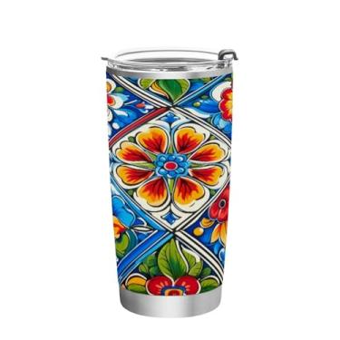 Imagem de Blueangle Copo de 590 ml com tampa e canudo, copo de café com água isolada a vácuo de aço inoxidável, caneca térmica de cerâmica mexicana para bebidas quentes e frias (107)
