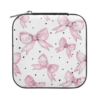 Imagem de SEHANY Caixa de joias personalizada com laço rosa para mulheres, meninas, mini estojo de joias de couro PU, organizador de joias de viagem, caixa de joias para brincos, anéis, colares, presentes para
