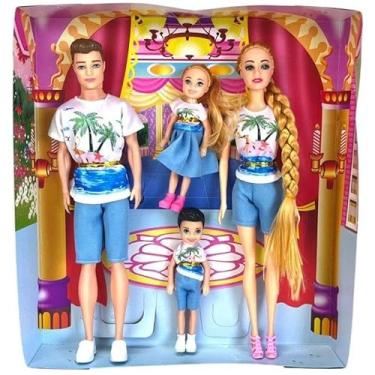 Imagem de Conjunto de Bonecos Família com 4 Figuras, Roupas Combinando com Tema Tropical, Inclui Pais e Filhos