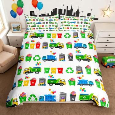 Imagem de Capa de edredom infantil caminhão de lixo tamanho casal 3 peças, conjunto de cama colorido para meninos meninas adolescentes, caminhão de reciclagem, decoração de carro, capa de colcha com 2 fronhas