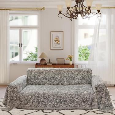 Imagem de REYOS Capa de sofá cinza com 3 almofadas para a família, 188 x 380 cm, capa de futon, reversível, com estampa de leopardo, capa universal para sofás, cadeiras, espreguiçadeiras, com borlas