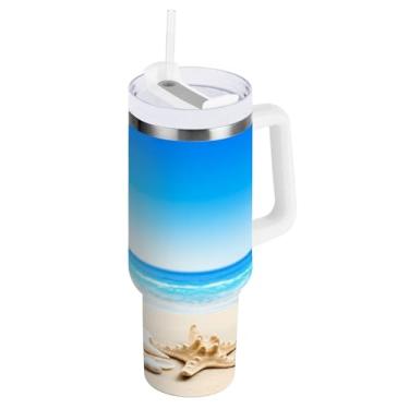 Imagem de Kigai Copo térmico de 1,134 g com alça, estrela do mar e conchas de praia com tampa e canudo, garrafa de água esportiva de metal grande, caneca de café de viagem de aço inoxidável