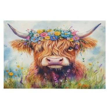 Imagem de Tapete de área 60 x 90 cm macio lavável tapete antiderrapante com revestimento de borracha aquarela, tapetes de área de vaca highland para sala de estar, quarto, decoração de casa