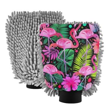 Imagem de STAYTOP Luvas de lavagem de carro flamingos e folhas de palmeira, 2 peças, luvas de microfibra de chenille, sem arranhões, panos de esponja de lavagem ultra absorventes para carros, limpeza doméstica