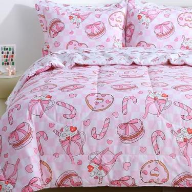Imagem de Viviland Jogo de cama casal infantil para meninas, conjunto de edredom macio com lençóis, 7 peças, cama de microfibra em um saco, bolo de sobremesa rosa