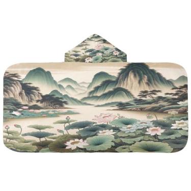Imagem de Burbuja Toalha de banho com capuz de pintura de paisagem chinesa para crianças, toalha de praia de pelúcia macia absorvente para meninas e meninos 3-10 anos, 61 x 127 cm