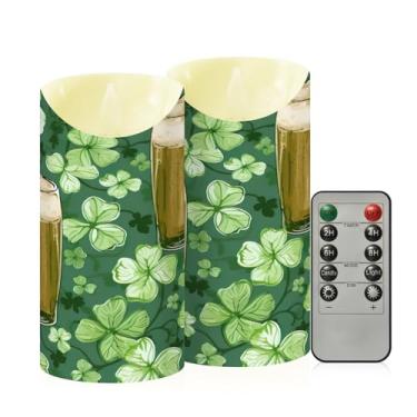 Imagem de Wassud Pacote com 2 copos de cerveja e trevos (2) velas sem chama com controle remoto, velas realistas cintilantes com temporizador, velas decorativas para Natal, casamento, festa, decoração de casa