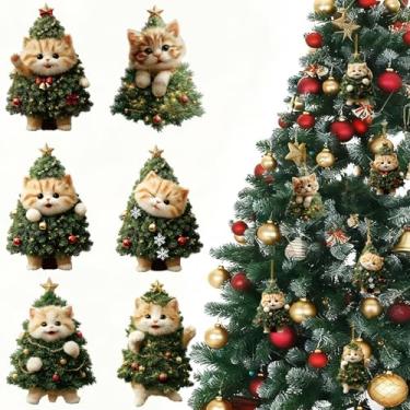 Imagem de Enfeite de árvore de Natal, 6 peças, pingente de acrílico para árvore de Natal, acessórios de árvore de Natal de gato fofo, pingentes de Natal pendurados, enfeite de Natal com estrela de floco de neve