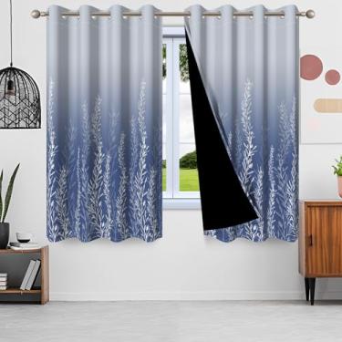 Imagem de SIEDYCV Cortinas blecaute de plantas azuis ombré de 106 x 153 cm, cortinas botânicas de plantas selvagens com folhas estampadas com forro preto, cortinas de tratamento de janela com isolamento térmico