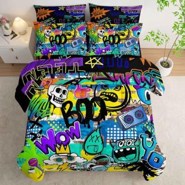 Imagem de AILONEN Jogo de cama casal de caveira de desenho animado, 7 peças, hip hop, graffiti em uma bolsa, microfibra macia, edredom colorido, lençol de cima, 2 fronhas, 2 fronhas