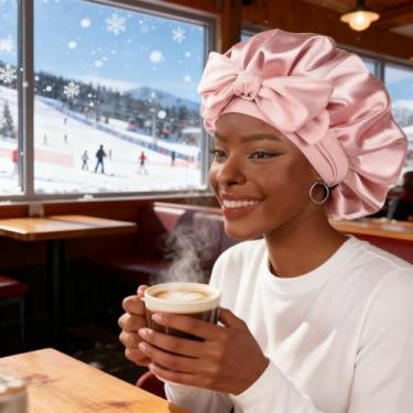 Imagem de Touca de dormir para mulheres – Touca de cabelo de cetim ajustável com alça para cabelo natural, encaracolado e enrolado, blush rosa