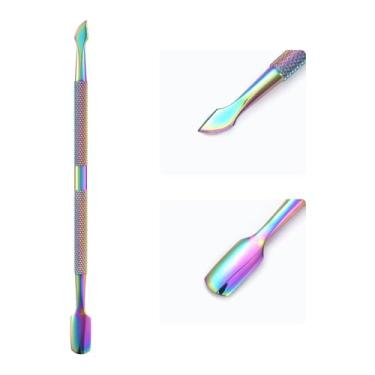 Imagem de KAZIPOP Empurrador de cutícula de unha de cabeça dupla de aço inoxidável limpador de cutículas em gel descascador de esmalte raspador 2 em 1 aparador de cutículas de metal camaleão empurrador de