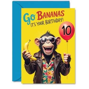 Imagem de Stuff4 Cartões de aniversário de 10 anos para meninos e meninas - Monkey Go Bananas It''s Your Birthday! - Cartão de feliz aniversário para meninos de 10 anos de idade irmã neta sobrinho filha