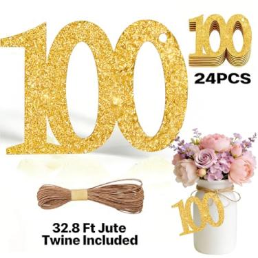 Imagem de ALISSAR 24 peças de etiquetas de ouro com 100 números com barbante de juta de 32,8 m – decorações de 100º aniversário, artigos de festa de 100º aniversário, peças centrais de pote de pedreiro, kit de
