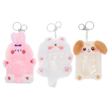 Imagem de SAFIGLE Porta-cartões de foto Kpop com 3 peças: porta-cartões de foto de 13,5 cm, protetor de cartão de identificação para decoração - chaveiro fofo de animal de pelúcia com design de coelho, cachorro