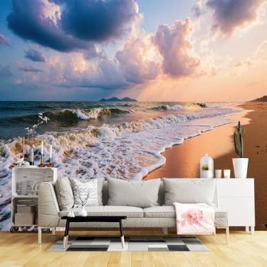 Imagem de Murais de parede de tamanho personalizado, tecido de parede autoadesivo de praia pôr do sol (sem PVC) Papel de parede grande removível para sala de estar, quarto, escritório