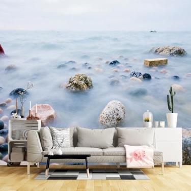 Imagem de Murais de parede de tamanho personalizado, tecido de parede autoadesivo de pedra costeira enevoada (sem PVC) Papel de parede grande removível para sala de estar, quarto, escritório