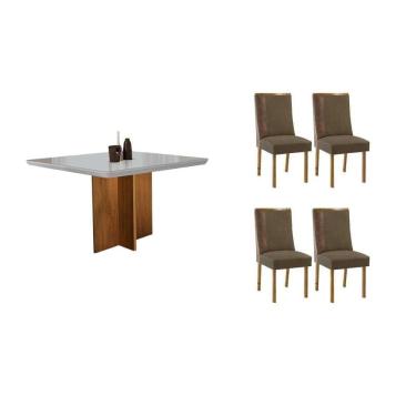 Imagem de Sala Jantar Mesa Berlim Tampo c/ Vidro Curvo 90cm+4 Cadeiras Tilia Madeira Naturale/Off White - Capuccino/Suede Capuccino - Rufato