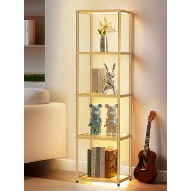 Imagem de MANBUR Prateleira de exibição com lâmpada de LED regulável, armário de exibição com estante de vidro, decoração de casa, decoração de quarto, estante com luz, prateleira de livros aberta com