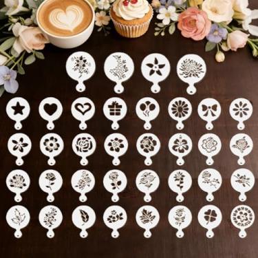Imagem de NGOKPYD 36 peças de estênceis para assar e café, estênceis de bolo, para arte com leite, decoração de biscoito de confeiteiro real e cupcake, padaria doméstica e cafeteria, modelos reutilizáveis para