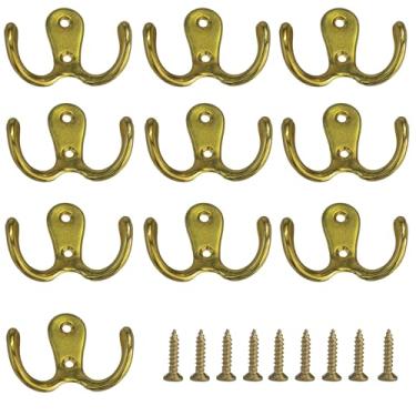 Imagem de PDETVEO 10 ganchos de parede de pino duplo, cabides decorativos para casacos com parafusos de montagem, ganchos montados na parede para toalhas, roupas, bolsas, cozinha, banheiro (ouro)