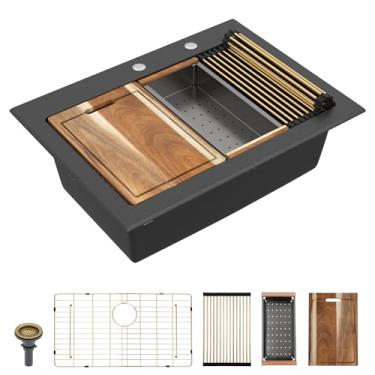 Imagem de Fulorni Pia de cozinha composta de granito de 76,2 x 55,88 cm – Base preta fosca para estação de trabalho Drop In Top Mount Granite Quartz Classic Luxury Above Counter Single Bowl Sink Basin