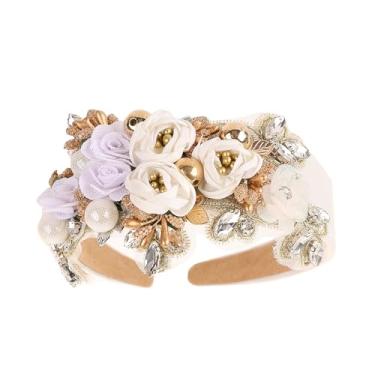 Imagem de TURTLEDOVE Elegante tiara de coroa de flores de noiva, renda branca e dourada com pérolas e cristais, acessórios de cabelo de casamento para mulheres, tiara de festa de formatura (branca)