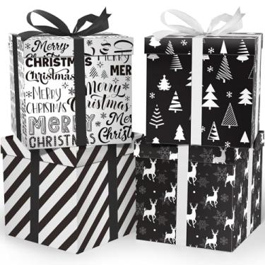 Imagem de Cinrobiye 4 caixas de presente de Natal com tampa, fita e papéis de seda, caixa de papelão quadrada de Natal e inverno preto e branco de 23 cm para embrulho de presente, presente de feriado