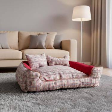 Imagem de Cama Pet Onix Médio, Cama para Cachorro e Gato, 50 x 50 x 15cm Impermeável, Confortável e Resistente, Fácil de Limpar, Bella Xadrez Vermelho