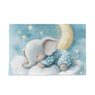 Imagem de 500 peças de quebra-cabeças fofos de desenho animado azul de elefante, papel e madeira compostos engraçados para adultos com bolsa de armazenamento