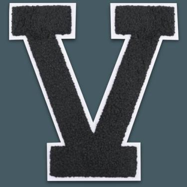 Imagem de QianSiLi Remendos de letras universitárias de chenille preto de 15 cm, letras grandes para jaquetas Letterman, moletons com capuz, mochilas, coletes, roupas, adesivos individuais de letra V