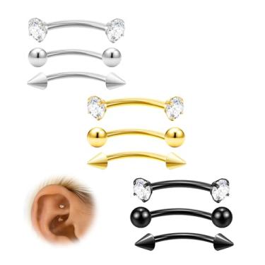 Imagem de Anéis de Sobrancelha 16G, Joia Piercing de Torre, 9 Peças, Aço Cirúrgico, Ouro, Prata, Preto, Orelha, Torre, Helix, Concha, Daith, Para Mulheres Homens Lábios Labret Belly Ball CZ Piercing Anéis 10 mm