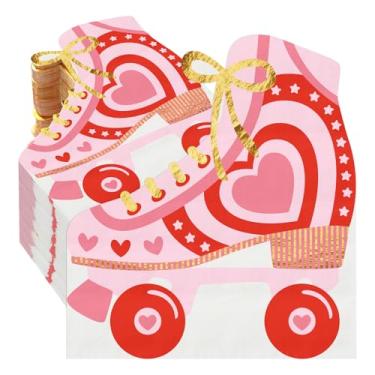 Imagem de Harloon Pacote com 100 guardanapos de patins rosa e vermelho com tema retrô guardanapos de festa com folha dourada guardanapos de patinação no gelo rosa para o Dia dos Namorados Bachelorette Roller