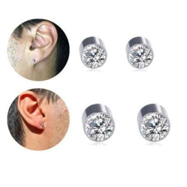 Imagem de Kit 2 Par Brinco Pressão Ímã Magnético Ponto Luz 3mm 4mm Pequeno Brilhante Aço Inox Premium-Masculino