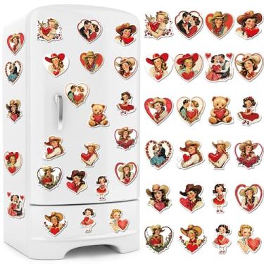 Imagem de 24 peças de ímãs de dia dos namorados para geladeira, adesivos vintage de ímã de coração para dia dos namorados, decorações magnéticas retrô de vaqueira e casal para decoração de festa de armário de