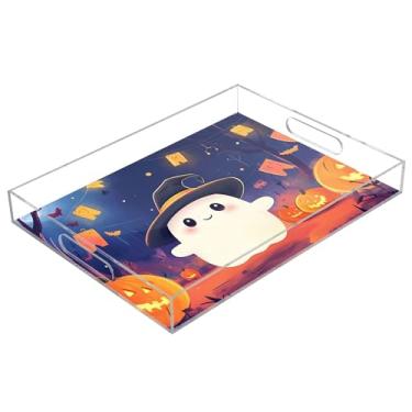 Imagem de xigua Bandeja de servir de acrílico fantasma de Halloween com alças à prova de derramamento, bandejas decorativas de festa de Halloween, bandeja organizadora de bancada para banheiro, cozinha, 30,5 x