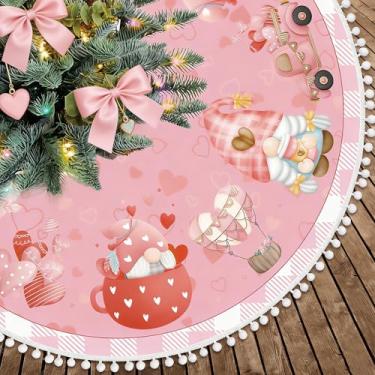 Imagem de Sozize Saia de árvore de Dia dos Namorados 91 cm rosa xadrez tapete de árvore de Natal vermelho amor coração e gnomo design para festas de fim de ano, decoração de escritório e casa