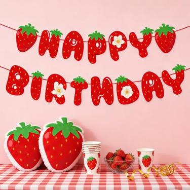 Imagem de Faixa de feliz aniversário de morango, guirlanda de aniversário com tema de morango para festa de aniversário, decoração de festa de aniversário de menina doce suprimentos
