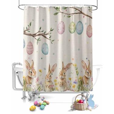 Imagem de Cortina de chuveiro de tecido de coelho de ovo de páscoa, cortinas de chuveiro engraçadas de flores da primavera para banheiro conjunto com ganchos, acessórios de cortinas de banheiro laváveis