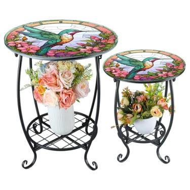 Imagem de Cinnvoice 2 peças de mesa de canto para área externa 30,5 cm e 40,6 cm pequeno pátio lateral redondo com detalhes em mosaico interior planta de metal mesa de café para quintal, varanda, jardim, pátio