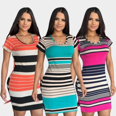 Imagem de Vestido Listras Curto na Manguinha Azul Ciano Tubinho com Fenda - Kamb